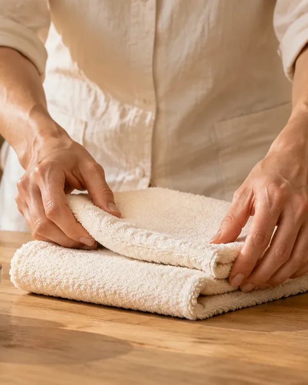 Mani che piegano un asciugamano su un tavolo di legno, accanto a una bottiglia d'olio, con un lettino da massaggio sullo sfondo