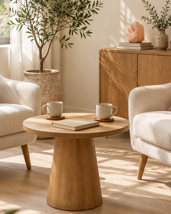 Due poltrone chiare attorno a un tavolino di legno con due tazze di tisana e un quaderno, in uno studio luminoso
