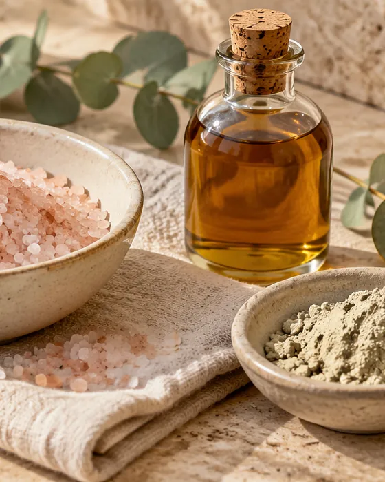 Una ciotola di sale rosa, una bottiglia d'olio e una ciotola d'argilla su un telo di lino