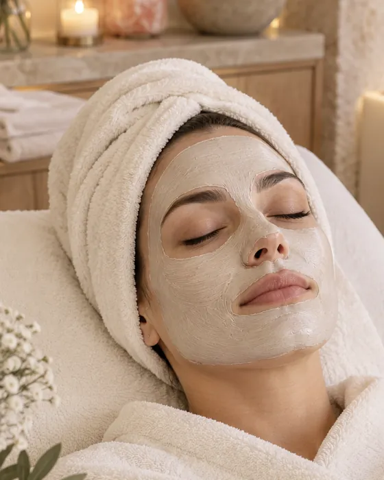 Persona con una maschera di argilla chiara sul viso